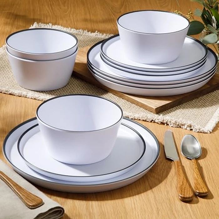 Gibson Home Folsom Shores 12 Piece Unbreakable Modern Melamine Plates and Bowls Dinnerware Set - Outdoor, Camping, & Everyday Use - White W/Black Rim by Gibson Home - Image 2