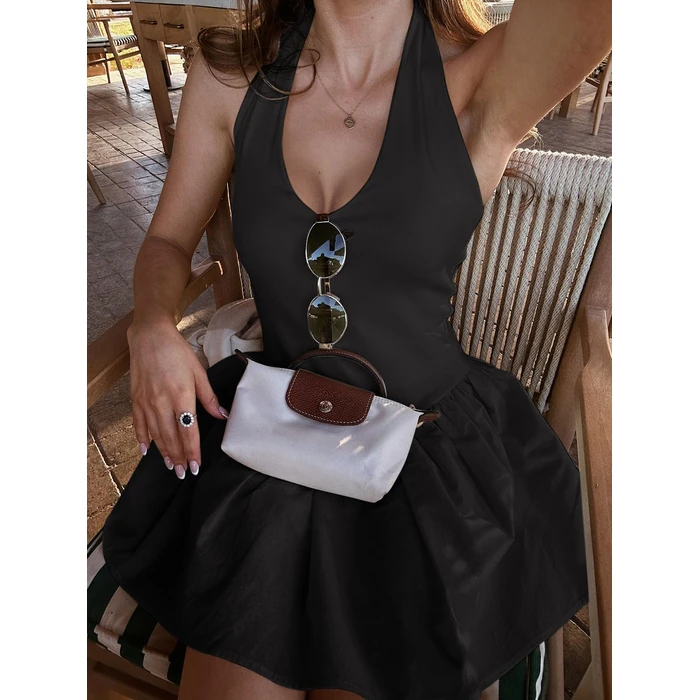 REORIA Women's Sexy Halter Flare Mini Dress Deep V Neck Backless Dress Short Summer Dresses 2026 Black Large by REORIA - Image 3