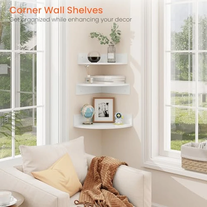 Homode Floating Corner Shelves, Set of 3 Wood Corner Wall Shelves with Wire Hole, 12 Inch Deep Hanging Corner Display Shelf for Living Room, Kitchen, Bedroom, White by Homode - Image 2