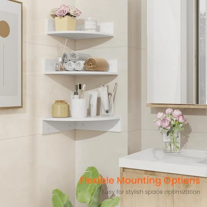 Homode Floating Corner Shelves, Set of 3 Wood Corner Wall Shelves with Wire Hole, 12 Inch Deep Hanging Corner Display Shelf for Living Room, Kitchen, Bedroom, White by Homode - Image 5