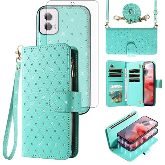 Asuwish Compatible with Motorola Moto G Power 5G 2024 Wallet Case Zipper Detachable Cell and Tempered Glass Screen Protector Crossbody Strap Glitter Flip Card Holder Phone Cover for G5 Women Green by Asuwish - Used - Like New condition - CA$7.36