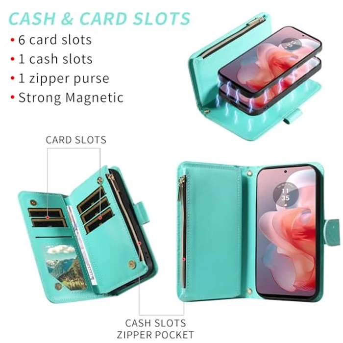 Asuwish Compatible with Motorola Moto G Power 5G 2024 Wallet Case Zipper Detachable Cell and Tempered Glass Screen Protector Crossbody Strap Glitter Flip Card Holder Phone Cover for G5 Women Green by Asuwish - Image 4