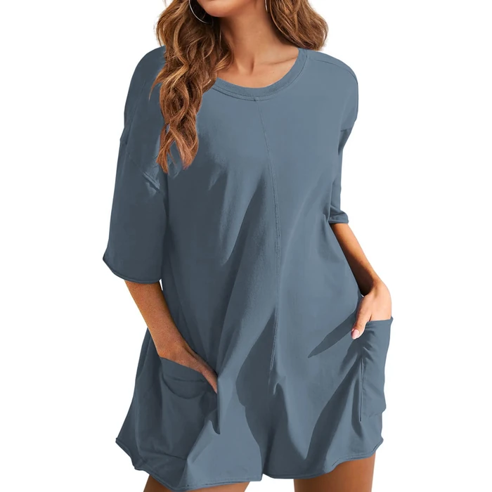 GTLIAE Athletic Jumpsuits Back V Neck Workout T-shirt Rompers Short Sleeve Oversized Onesie Casual Activewear(BlueGrey-S1) by GTLIAE - Image 2