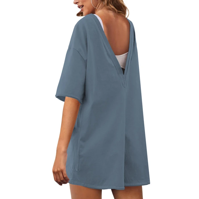 GTLIAE Athletic Jumpsuits Back V Neck Workout T-shirt Rompers Short Sleeve Oversized Onesie Casual Activewear(BlueGrey-S1) by GTLIAE - Image 3