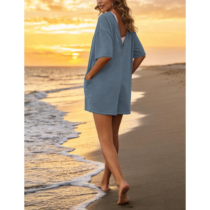 GTLIAE Athletic Jumpsuits Back V Neck Workout T-shirt Rompers Short Sleeve Oversized Onesie Casual Activewear(BlueGrey-S1) by GTLIAE - Image 8