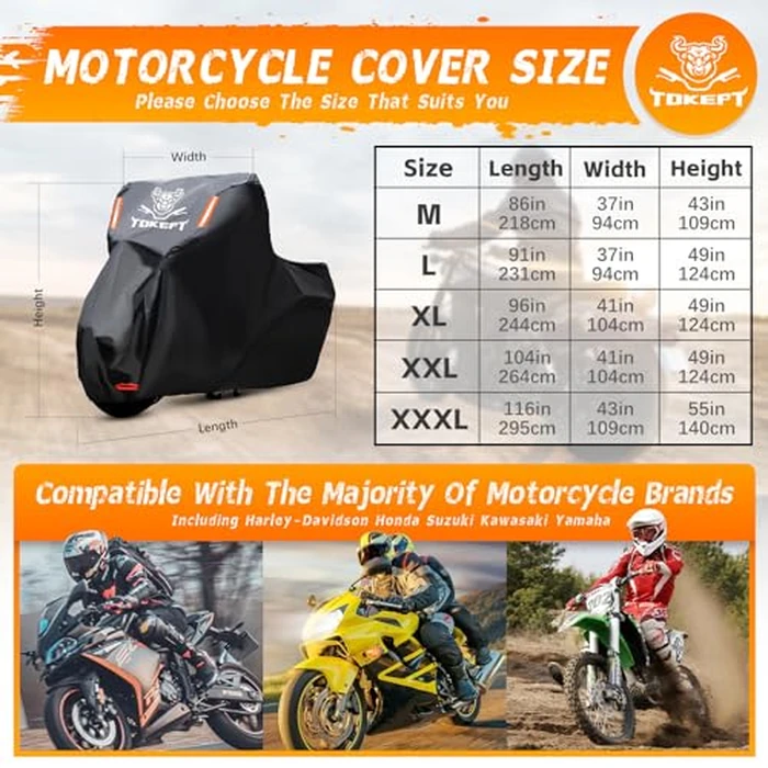 Tokept Black Motorcycle Cover, Oxford Fabric All Weather Water Sun Protection, 96 inch Vehicle Cover for Harley Davidson Honda Suzuki Kawasaki Yamaha (XL) by Tokept - Image 2