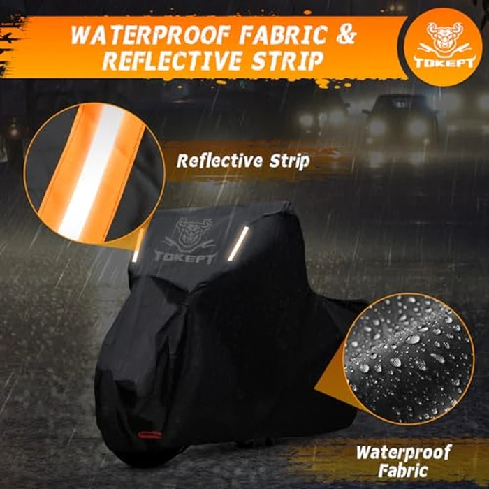 Tokept Black Motorcycle Cover, Oxford Fabric All Weather Water Sun Protection, 96 inch Vehicle Cover for Harley Davidson Honda Suzuki Kawasaki Yamaha (XL) by Tokept - Image 4