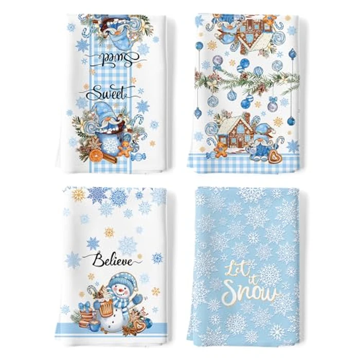 Arquiel Christmas Snowman Tea Towels, Blue Winter Gnomes Cotton Kitchen Towel 18.9 x 27.5 Inch, Quick Drying Dish Cloth for Party Anniversary Holiday Decoration Housewarming by Arquiel - Used - Good condition - CA$9.55
