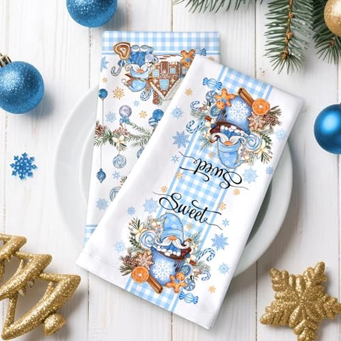 Arquiel Christmas Snowman Tea Towels, Blue Winter Gnomes Cotton Kitchen Towel 18.9 x 27.5 Inch, Quick Drying Dish Cloth for Party Anniversary Holiday Decoration Housewarming by Arquiel - Image 2