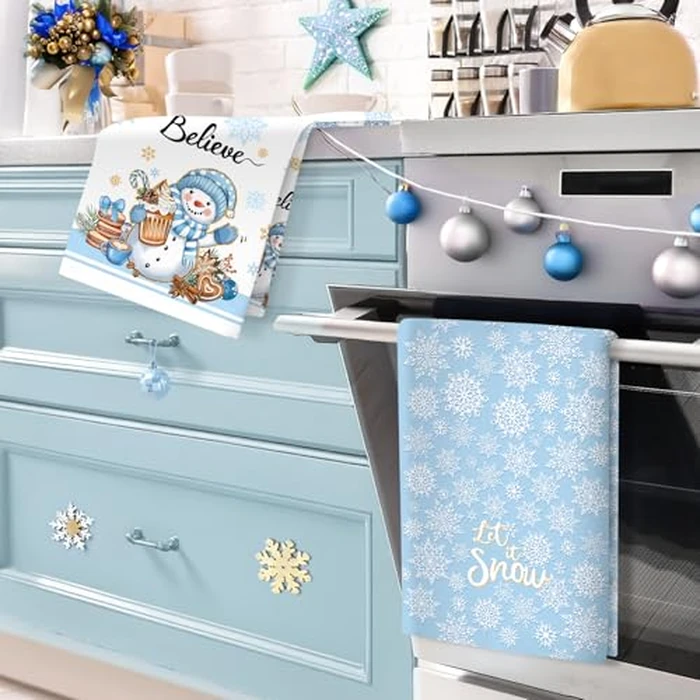 Arquiel Christmas Snowman Tea Towels, Blue Winter Gnomes Cotton Kitchen Towel 18.9 x 27.5 Inch, Quick Drying Dish Cloth for Party Anniversary Holiday Decoration Housewarming by Arquiel - Image 3