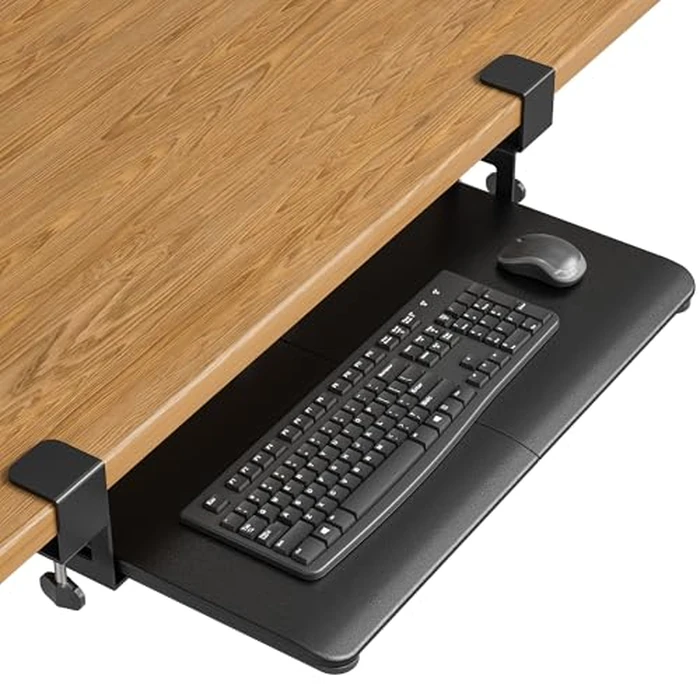BONTEC KMT01 Under Desk Keyboard Tray, Pull-Out Keyboard & Mouse Platform with C-Clamp, 25.6 x 11.8 in Space-Saving Ergonomic Slide-Out Drawer, Black by BONTEC - Used - Very Good condition
