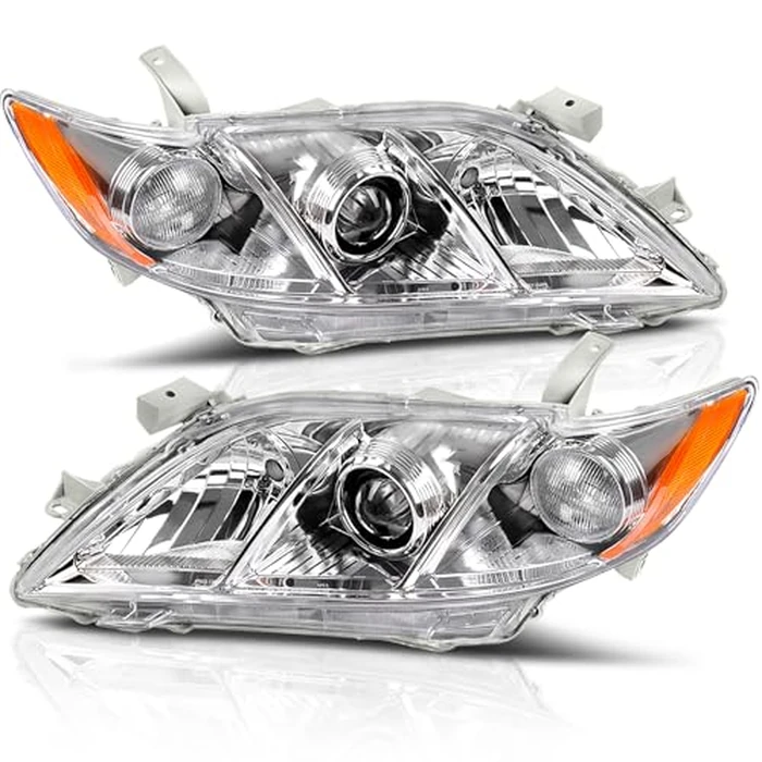 AUTOSAVER88 Projector Headlight Assembly Compatible with 2007-2009 Toyota Camry (Exclude Hybrid) Replacement Halogen Headlamps Left and Right Chrome Housing Amber Reflector Clear Lens (W/O Bulbs) by AUTOSAVER88 - Image 1