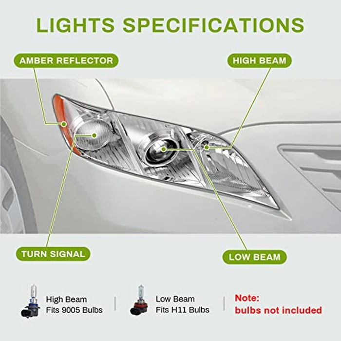 AUTOSAVER88 Projector Headlight Assembly Compatible with 2007-2009 Toyota Camry (Exclude Hybrid) Replacement Halogen Headlamps Left and Right Chrome Housing Amber Reflector Clear Lens (W/O Bulbs) by AUTOSAVER88 - Image 4