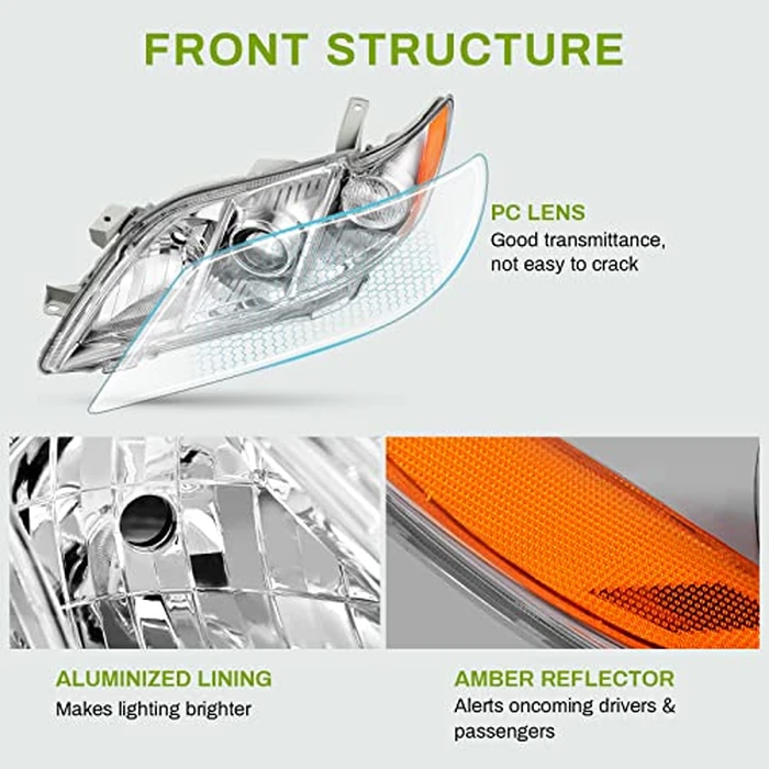 AUTOSAVER88 Projector Headlight Assembly Compatible with 2007-2009 Toyota Camry (Exclude Hybrid) Replacement Halogen Headlamps Left and Right Chrome Housing Amber Reflector Clear Lens (W/O Bulbs) by AUTOSAVER88 - Image 6