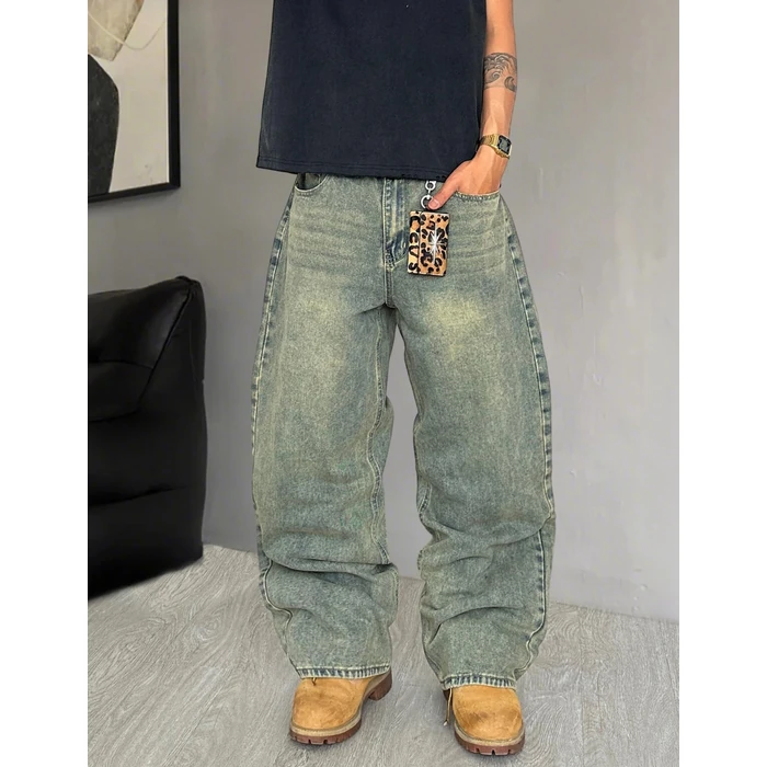 QGRSWBC Mens Wide Leg Jeans Super Baggy Pants Y2k Loose Fit Denim Jeans Skater Trousers Streetwear Retro Blue S by QGRSWBC - Image 5
