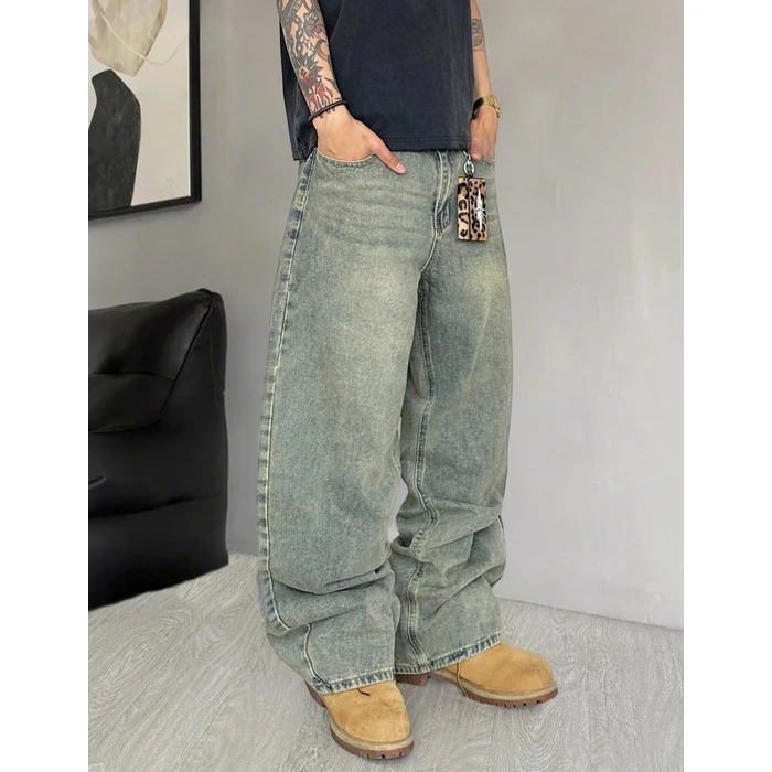 QGRSWBC Mens Wide Leg Jeans Super Baggy Pants Y2k Loose Fit Denim Jeans Skater Trousers Streetwear Retro Blue S by QGRSWBC - Image 6