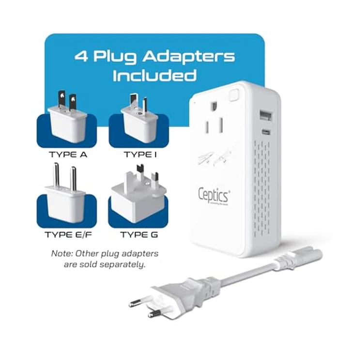 Ceptics 200W Step Down Voltage Converter - 220v to 110v Voltage Converter for Curling Iron, Straightener, Charger - USB-A & C Fast Charging - Type C Power Cord with A, G, I, E/F Plugs Included by Ceptics - Image 2