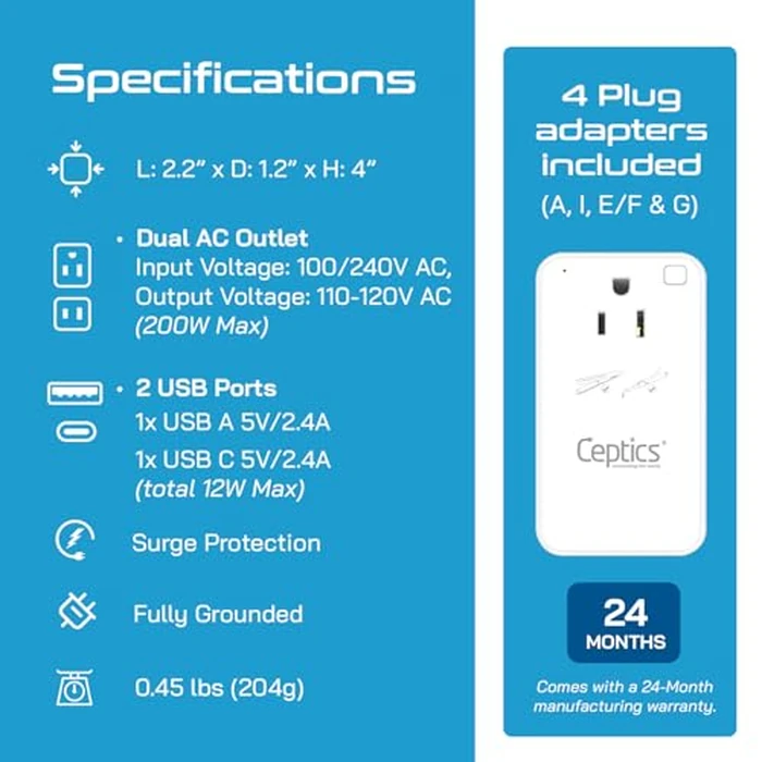 Ceptics 200W Step Down Voltage Converter - 220v to 110v Voltage Converter for Curling Iron, Straightener, Charger - USB-A & C Fast Charging - Type C Power Cord with A, G, I, E/F Plugs Included by Ceptics - Image 4
