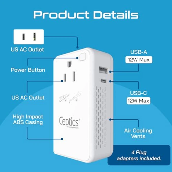 Ceptics 200W Step Down Voltage Converter - 220v to 110v Voltage Converter for Curling Iron, Straightener, Charger - USB-A & C Fast Charging - Type C Power Cord with A, G, I, E/F Plugs Included by Ceptics - Image 5