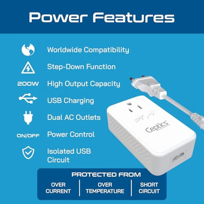 Ceptics 200W Step Down Voltage Converter - 220v to 110v Voltage Converter for Curling Iron, Straightener, Charger - USB-A & C Fast Charging - Type C Power Cord with A, G, I, E/F Plugs Included by Ceptics - Image 9