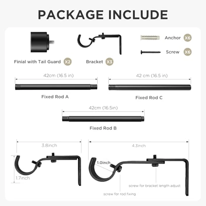 Joydeco Black Curtain Rods for Windows 32 to 168 Inch, 1 Inch Heavy Duty Adjustable Drapery Rod with Brackets for Outdoor Patio, Living Room, Bedroom, Kitchen by Joydeco - Image 7