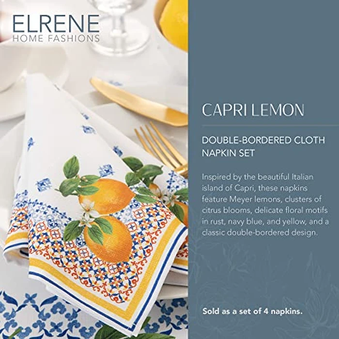 Elrene Home Fashions Capri Lemon Double-Bordered Mediterranean Spring/Summer Cloth Napkins, 17 Inches by 17 Inches, Set of 4 by Elrene - Image 2