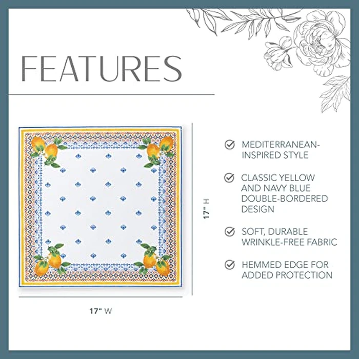 Elrene Home Fashions Capri Lemon Double-Bordered Mediterranean Spring/Summer Cloth Napkins, 17 Inches by 17 Inches, Set of 4 by Elrene - Image 3