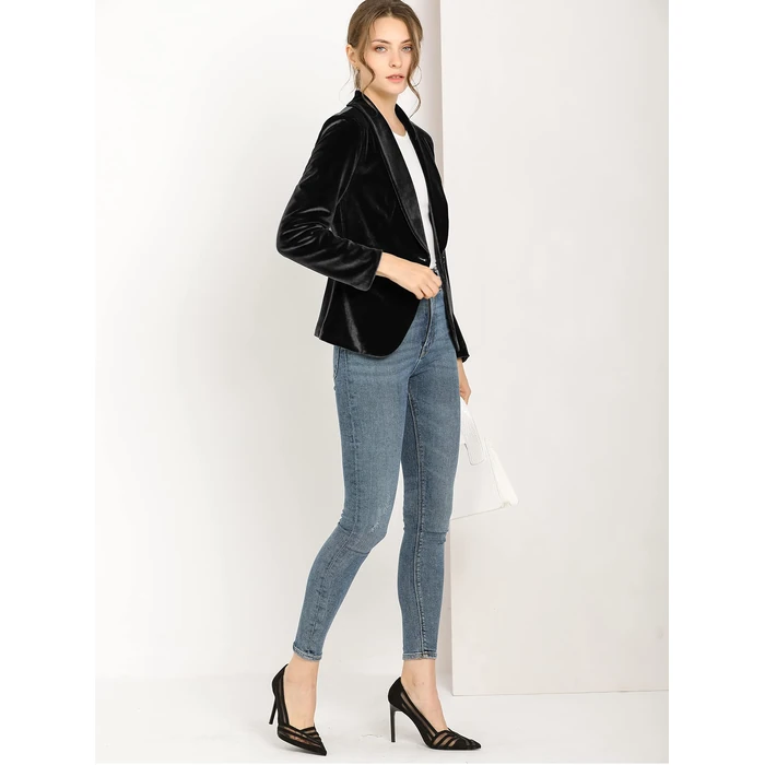 Allegra K Women's Halloween Christmas Office Coat Solid Shawl Collar 1 Button Velvet Blazer X-Small Black by Allegra K - Image 10