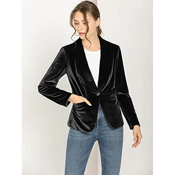 Allegra K Women's Halloween Christmas Office Coat Solid Shawl Collar 1 Button Velvet Blazer X-Small Black by Allegra K - Image 8