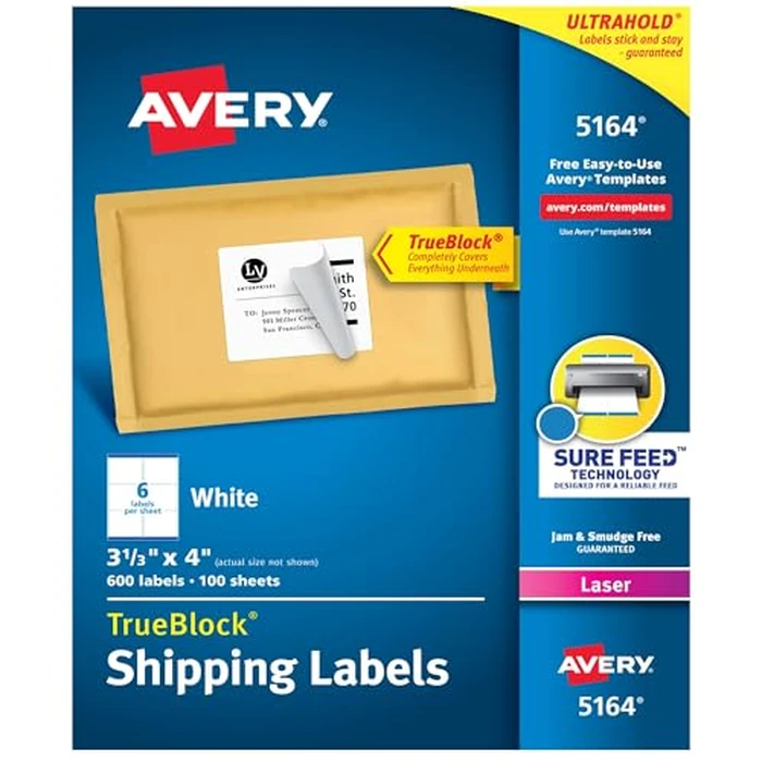 Avery Printable Shipping Labels with Sure Feed, 3-1/3" x 4", White, 600 Blank Mailing Labels for Laser Printers (5164) by Avery - Used - Very Good condition - US$29.99