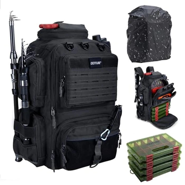 Goture 45L Fishing Backpack 900D Oxford Cloth & Rain Cover, Fishing Tackle Bag w/Rod Holders, Adjustable Compartment & 8 Lure Bag, Gifts for Anglers Black (No Tackle Box) by Goture - Image 1