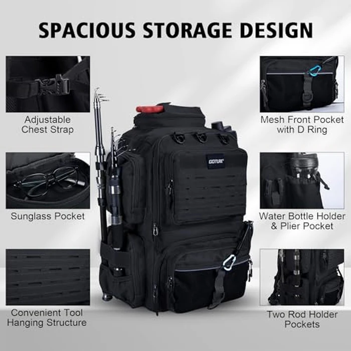 Goture 45L Fishing Backpack 900D Oxford Cloth & Rain Cover, Fishing Tackle Bag w/Rod Holders, Adjustable Compartment & 8 Lure Bag, Gifts for Anglers Black (No Tackle Box) by Goture - Image 2