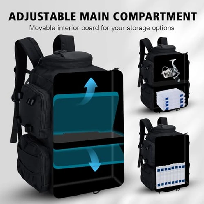 Goture 45L Fishing Backpack 900D Oxford Cloth & Rain Cover, Fishing Tackle Bag w/Rod Holders, Adjustable Compartment & 8 Lure Bag, Gifts for Anglers Black (No Tackle Box) by Goture - Image 3
