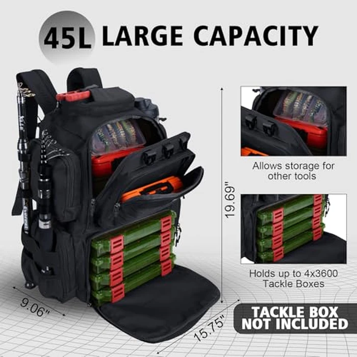 Goture 45L Fishing Backpack 900D Oxford Cloth & Rain Cover, Fishing Tackle Bag w/Rod Holders, Adjustable Compartment & 8 Lure Bag, Gifts for Anglers Black (No Tackle Box) by Goture - Image 4