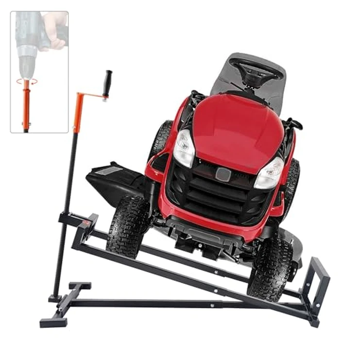 VEVOR Ride on Lawn Mower Lift Jack, 880 Lbs Weight Capacity, Telescopic Maintenance Jack with Crank Handle & Power Tool Handle, Foldable Lawn Tractor Lifter for Lawn Mowers and Garden Tractors, Black by VEVOR - Image 1