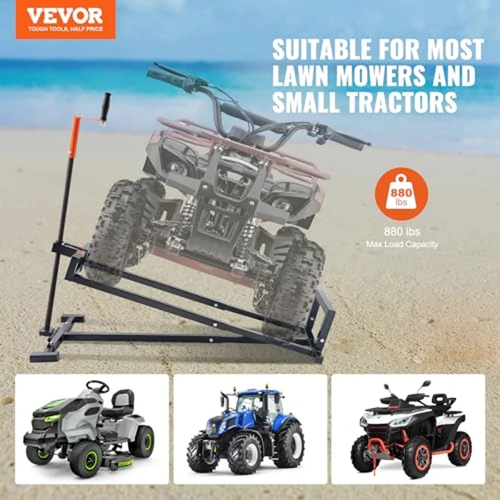 VEVOR Ride on Lawn Mower Lift Jack, 880 Lbs Weight Capacity, Telescopic Maintenance Jack with Crank Handle & Power Tool Handle, Foldable Lawn Tractor Lifter for Lawn Mowers and Garden Tractors, Black by VEVOR - Image 2