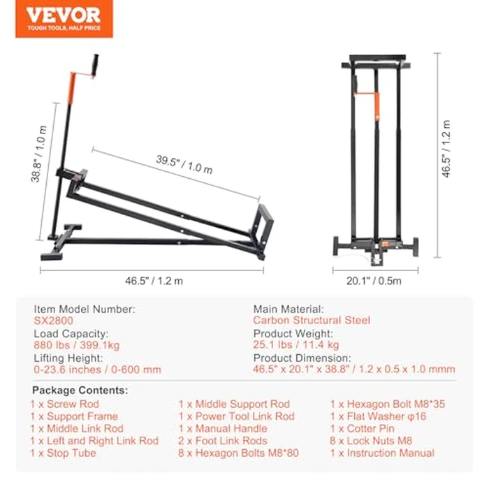 VEVOR Ride on Lawn Mower Lift Jack, 880 Lbs Weight Capacity, Telescopic Maintenance Jack with Crank Handle & Power Tool Handle, Foldable Lawn Tractor Lifter for Lawn Mowers and Garden Tractors, Black by VEVOR - Image 7