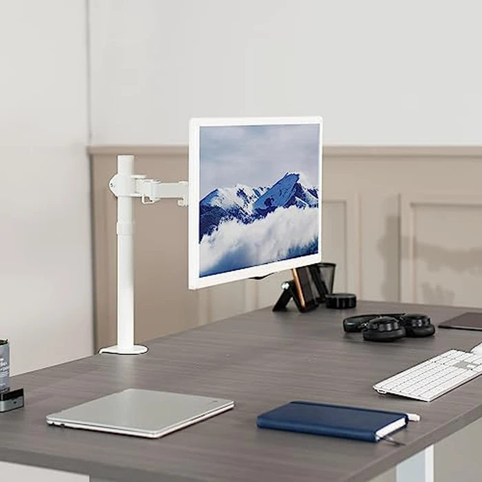 VIVO Single Monitor Arm Desk Mount, Holds Screens up to 32 inch Regular and 38 inch Ultrawide, Fully Adjustable Stand with C-Clamp and Grommet Base, VESA 75x75mm or 100x100mm, White, STAND-V001W by VIVO - Image 2