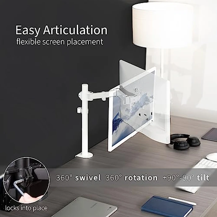 VIVO Single Monitor Arm Desk Mount, Holds Screens up to 32 inch Regular and 38 inch Ultrawide, Fully Adjustable Stand with C-Clamp and Grommet Base, VESA 75x75mm or 100x100mm, White, STAND-V001W by VIVO - Image 3