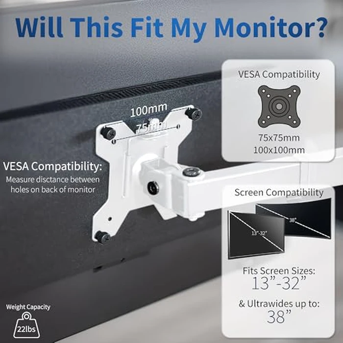 VIVO Single Monitor Arm Desk Mount, Holds Screens up to 32 inch Regular and 38 inch Ultrawide, Fully Adjustable Stand with C-Clamp and Grommet Base, VESA 75x75mm or 100x100mm, White, STAND-V001W by VIVO - Image 4