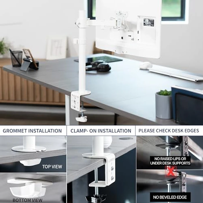 VIVO Single Monitor Arm Desk Mount, Holds Screens up to 32 inch Regular and 38 inch Ultrawide, Fully Adjustable Stand with C-Clamp and Grommet Base, VESA 75x75mm or 100x100mm, White, STAND-V001W by VIVO - Image 5