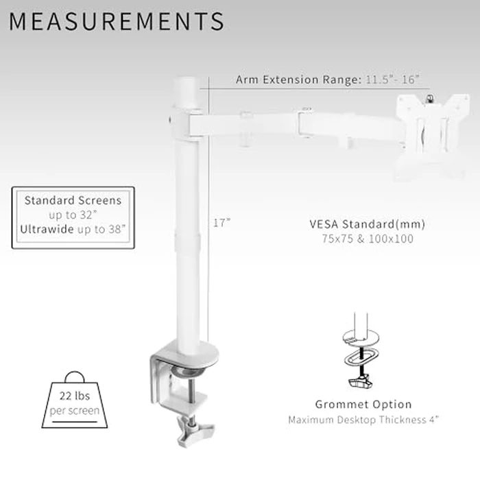VIVO Single Monitor Arm Desk Mount, Holds Screens up to 32 inch Regular and 38 inch Ultrawide, Fully Adjustable Stand with C-Clamp and Grommet Base, VESA 75x75mm or 100x100mm, White, STAND-V001W by VIVO - Image 6