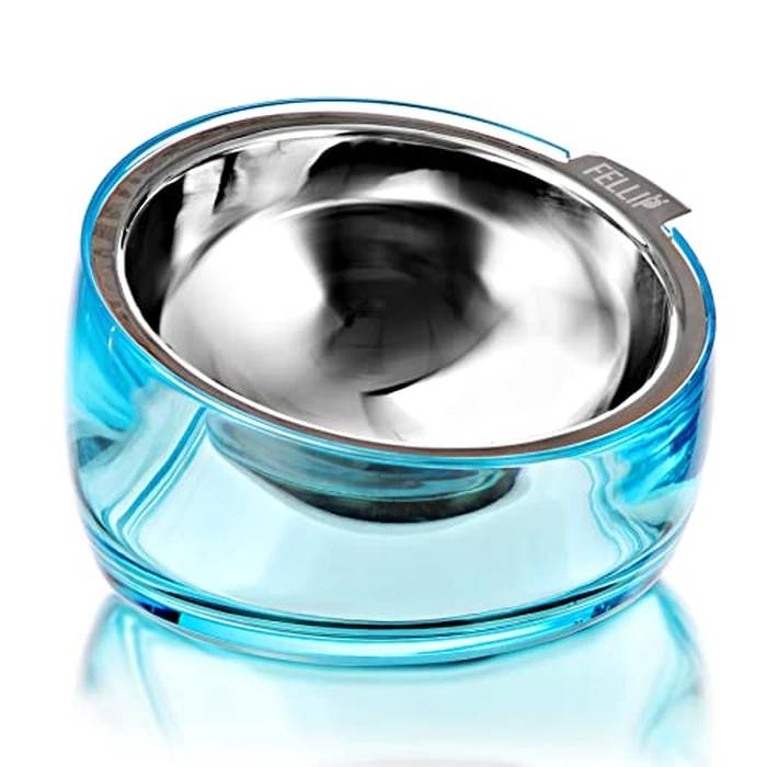 Felli Pet Oblik Acrylic Raised Dog Food Water Bowl Stainless Steel Slanted Oval Dish for Short Leg Puppy & Small Medium Pet, Elevated Tilted Metal Feeder (Sapphire, 1.5 Cups Oval Dish) by Felli - Used - Like New condition - US$22.11
