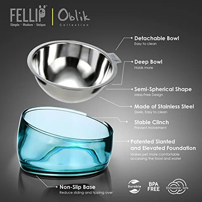 Felli Pet Oblik Acrylic Raised Dog Food Water Bowl Stainless Steel Slanted Oval Dish for Short Leg Puppy & Small Medium Pet, Elevated Tilted Metal Feeder (Sapphire, 1.5 Cups Oval Dish) by Felli - Image 6