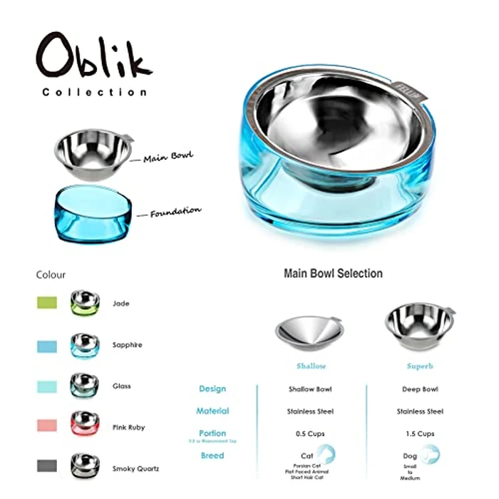 Felli Pet Oblik Acrylic Raised Dog Food Water Bowl Stainless Steel Slanted Oval Dish for Short Leg Puppy & Small Medium Pet, Elevated Tilted Metal Feeder (Sapphire, 1.5 Cups Oval Dish) by Felli - Image 8