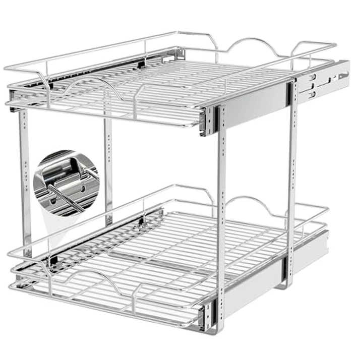 OCG 2 Tier Pull Out Cabinet Organizer (14" W x 21" D), Pull Out Drawers for Kitchen Cabinets, Pull Out Shelves for Base Cabinet Organization in Kitchen Bathroom Pantry, Chrome Finish by OCG - Used - Very Good condition