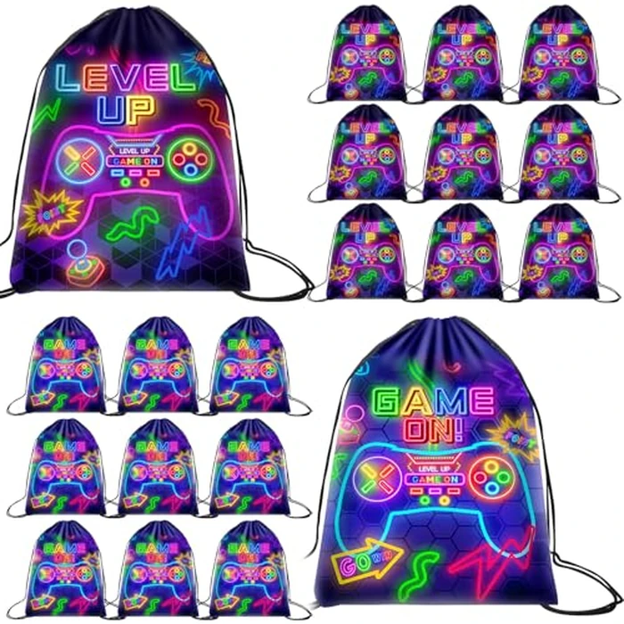 Eccliy 20 Pcs Video Game Party Favor Bags Gamer Birthday Party Drawstring Bags for Kids Boys Girls 12 x 10 Inch Gaming Goodie Treat for Game on Theme Decorations Supplies(Neon,Classic Style) by Eccliy - Image 1