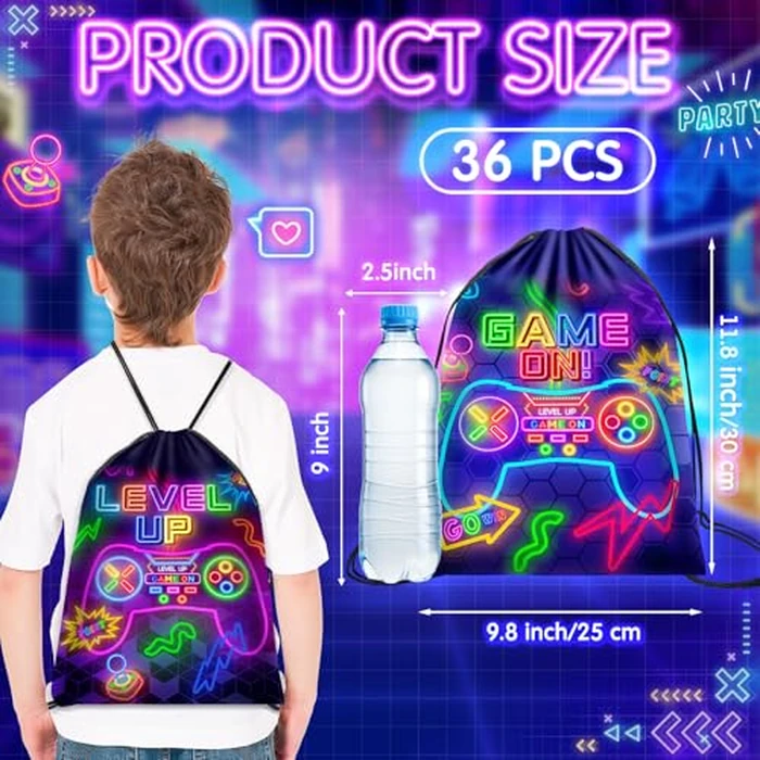 Eccliy 20 Pcs Video Game Party Favor Bags Gamer Birthday Party Drawstring Bags for Kids Boys Girls 12 x 10 Inch Gaming Goodie Treat for Game on Theme Decorations Supplies(Neon,Classic Style) by Eccliy - Image 2