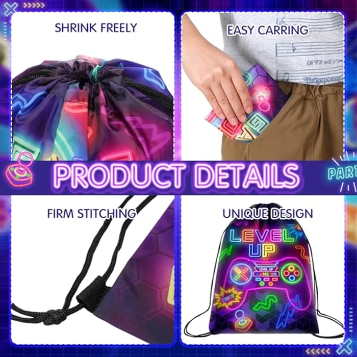 Eccliy 20 Pcs Video Game Party Favor Bags Gamer Birthday Party Drawstring Bags for Kids Boys Girls 12 x 10 Inch Gaming Goodie Treat for Game on Theme Decorations Supplies(Neon,Classic Style) by Eccliy - Image 3