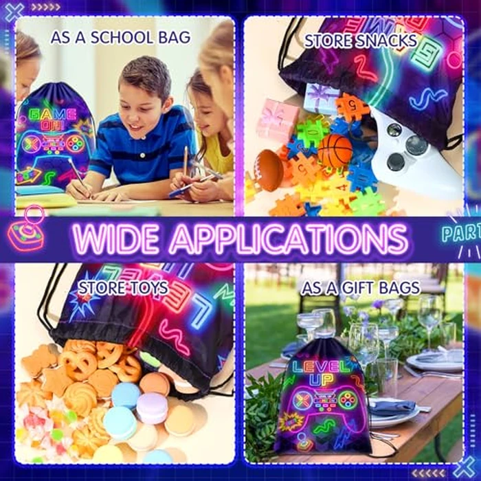 Eccliy 20 Pcs Video Game Party Favor Bags Gamer Birthday Party Drawstring Bags for Kids Boys Girls 12 x 10 Inch Gaming Goodie Treat for Game on Theme Decorations Supplies(Neon,Classic Style) by Eccliy - Image 4